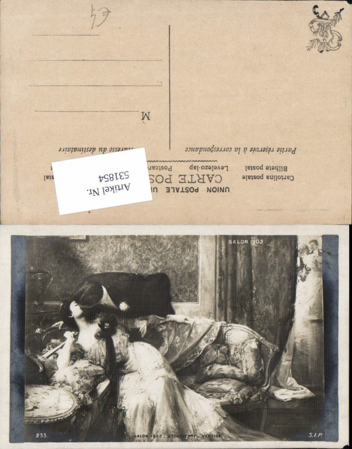 531854,Frau Liebe Paar Fächer Kuss Bank Kleid Salon 1903
