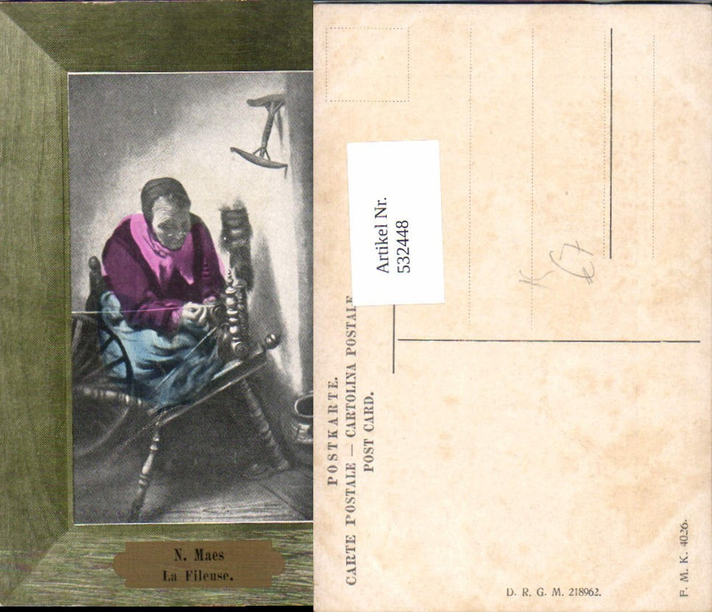 532448,Künstler AK N. Maes Frau Spinnrad Spinnen Passepartout Rahmenpostkarte D.R.G.M. 218962