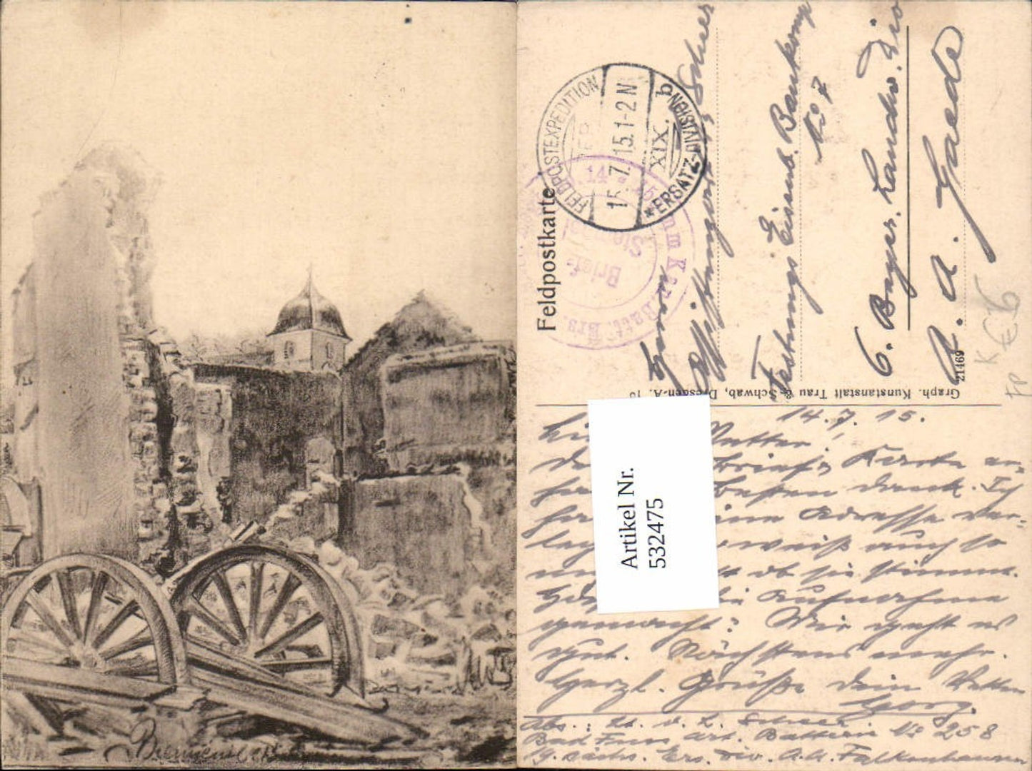 532475,Künstler AK WW1 zerstörte Ortschaft Feldpostexpedition Ers. Div. XIX