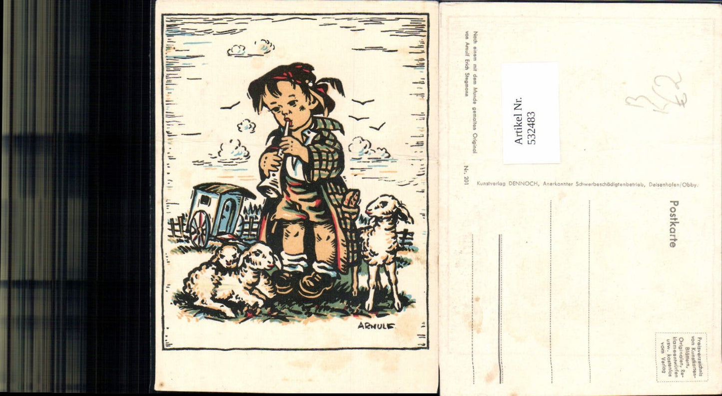 532483,Künstler AK mundgemalt Arnulf Erich Stegmann Flöte Schafe pub Dennoch 201