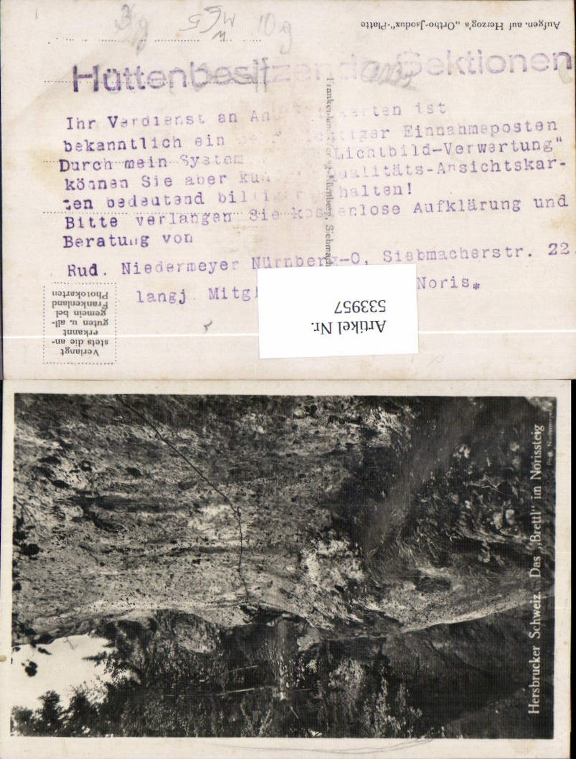 533957,Hirschbach Norissteig Brettl Reklame Text AK Verlag Verkäufer