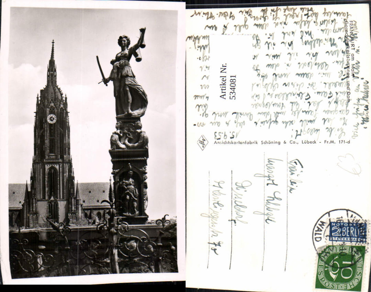 534081,Foto Ak Frankfurt a. Main Gerechtigkeitsbrunnen u. Dom