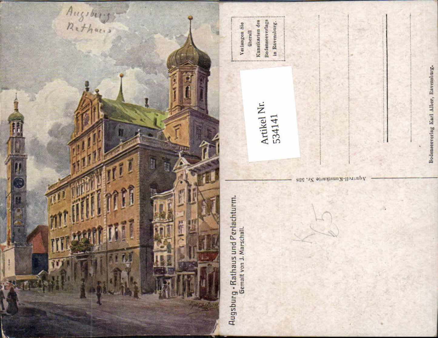 534141,Künstler Ak J. Marschall Augsburg Rathaus u. Perlachturm