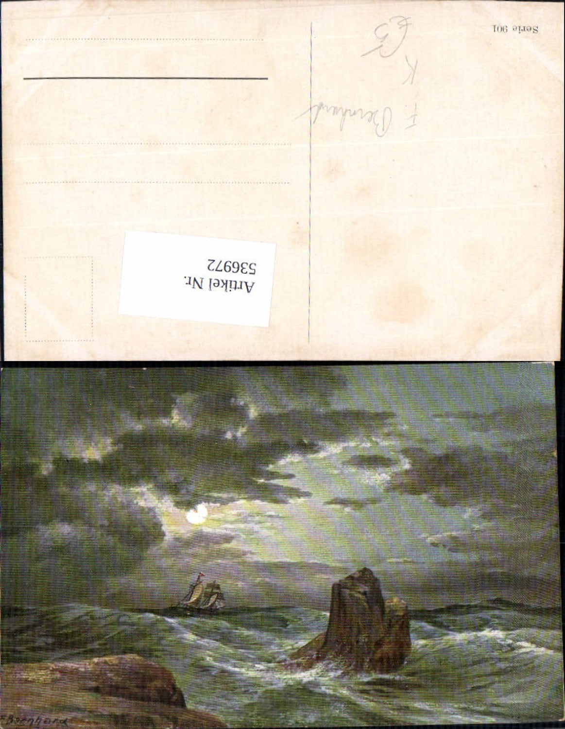 536972,Künstler AK F. Bernhard Segelschiff Meer Mond Wellen Sturm