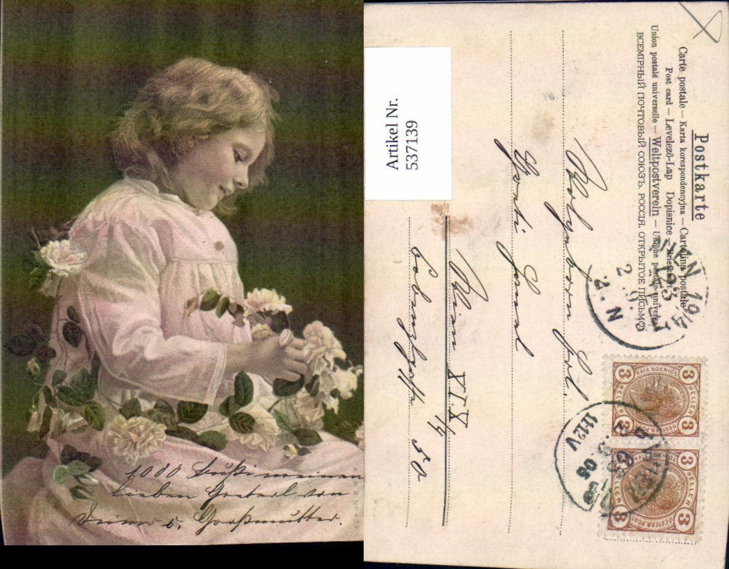537139,tolle Künstler AK Mädchen Blumen Rosen