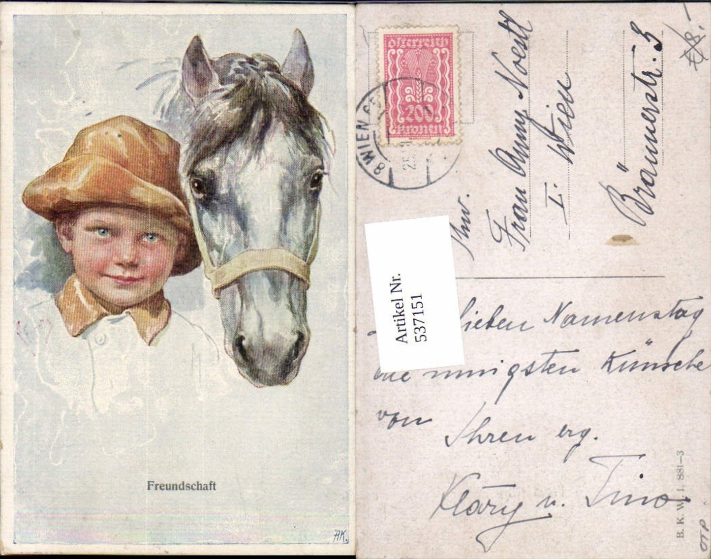 537151,tolle Künstler AK Karl Feiertag Junge m. Pferd Freundschaft pub B.K.W.I. 881-3