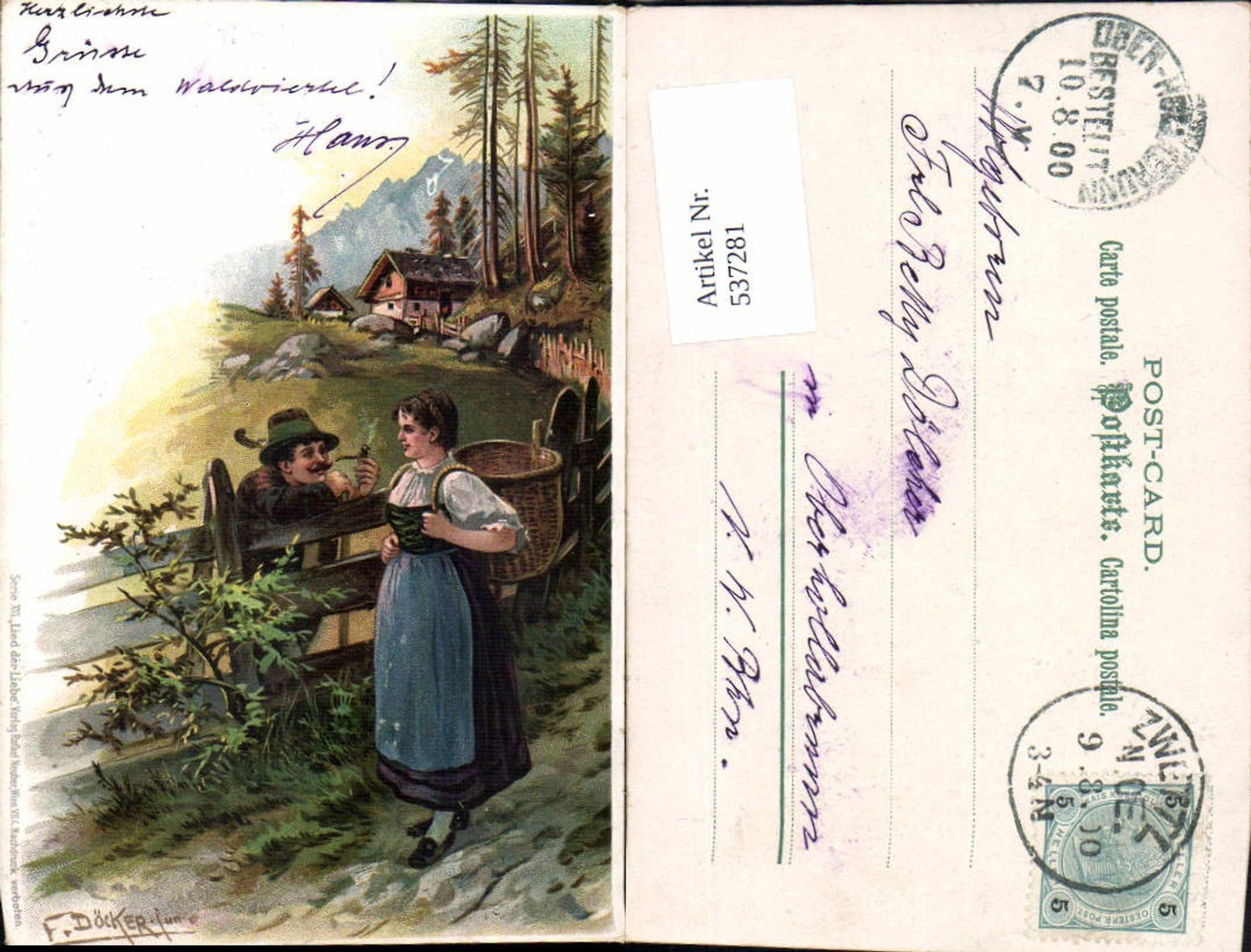 537281,tolle Künstler Lithographie E. Döcker jun. Jäger Jagd Frau Pfeife rauchen