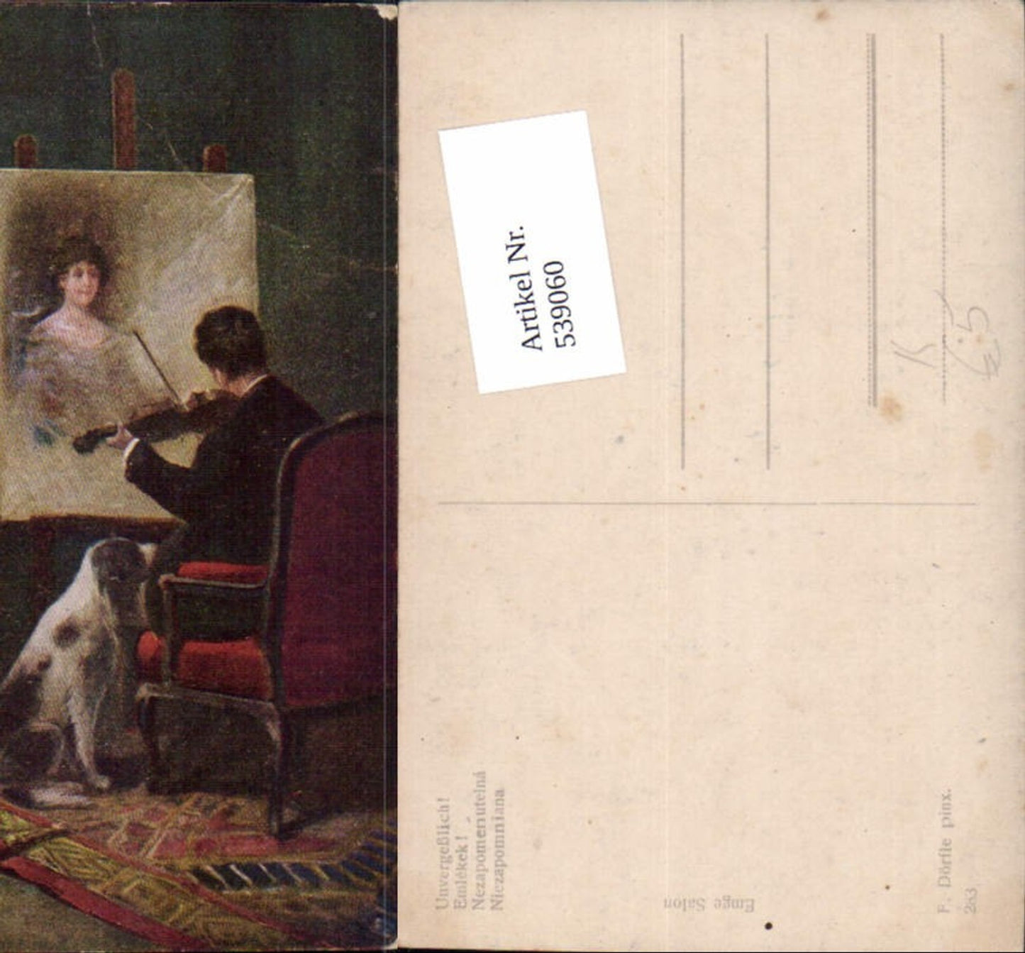 539060,Künstler AK F. Dörfle Unvergeßlich Liebe Hund Geige Musik