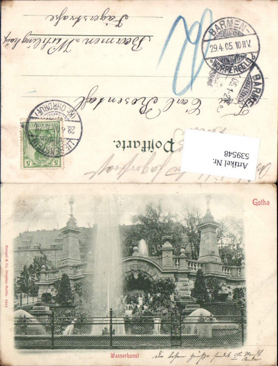 539548, great postcard Gotha Water Art Fountain, additional postage, postage due, pub Stengel 6414