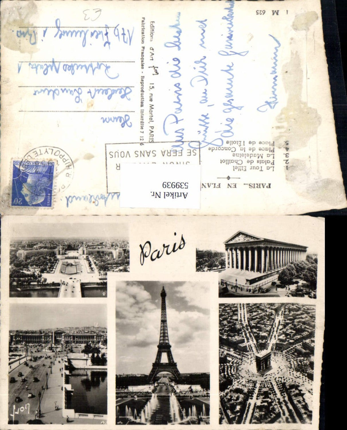 539939, Multi-image Ak Paris Paris La Tour Eiffel Eiffel Tower Tower La Madeleine Place de la Concorde