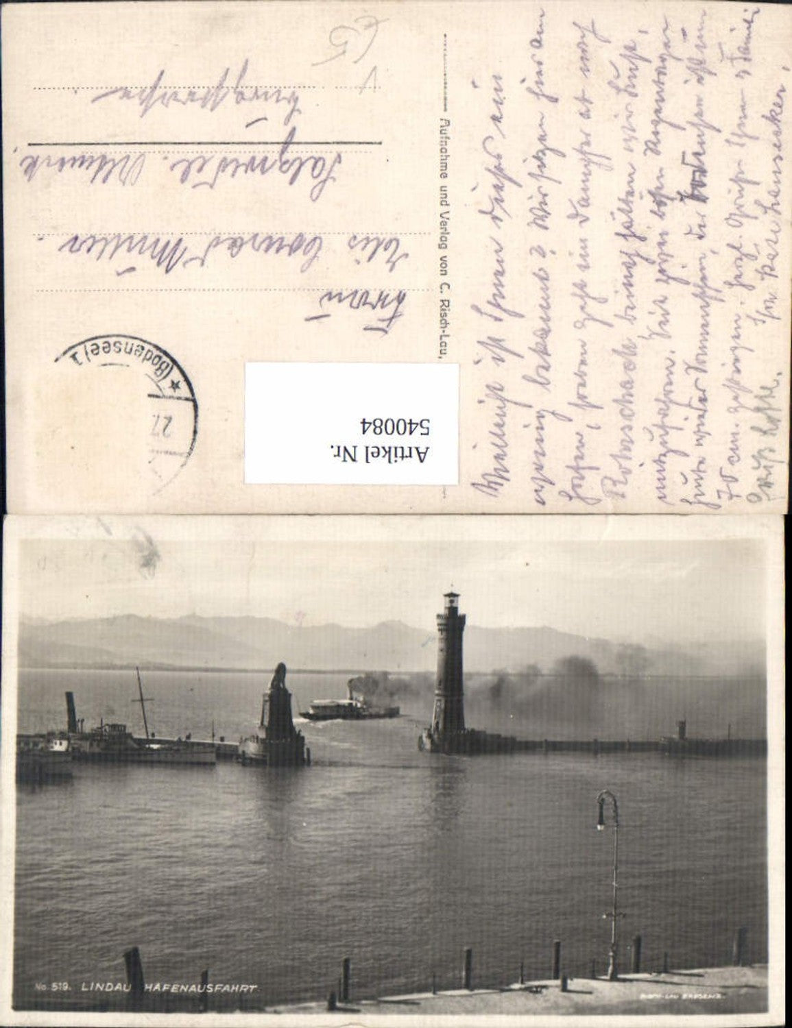 540084,Lindau Bodensee Hafenausfahrt Löwendenkmal Leuchtturm Dampfer Schiff pub Risch-Lau 519