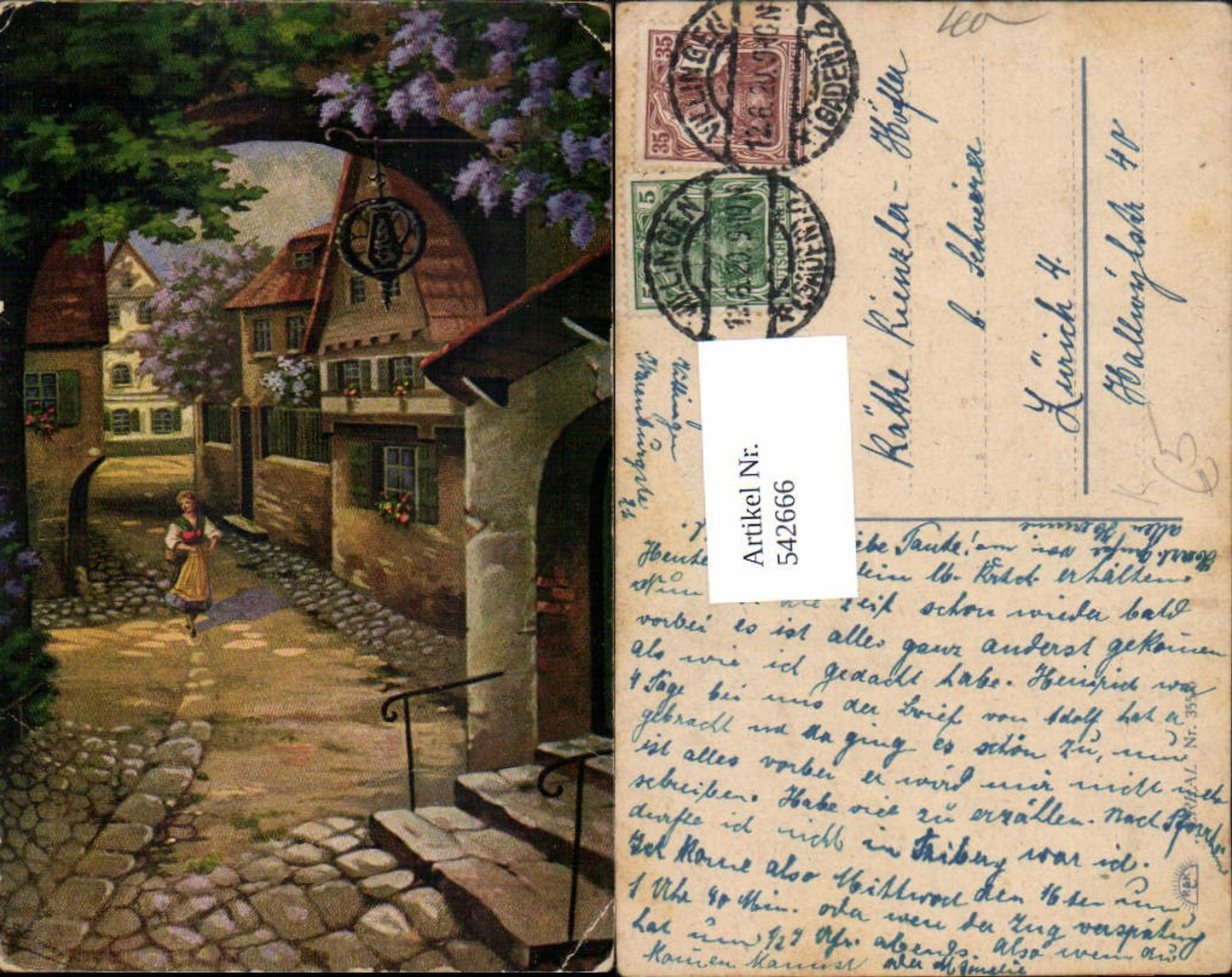 542666,Künstler AK E. Student Frau Häuser Dorf