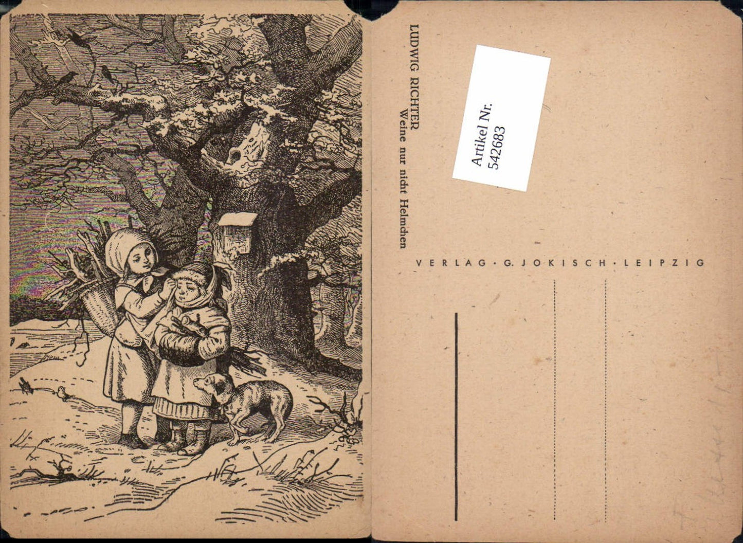 542683,Künstler AK Ludwig Richter Weine nur nicht Helmchen Hund Kinder