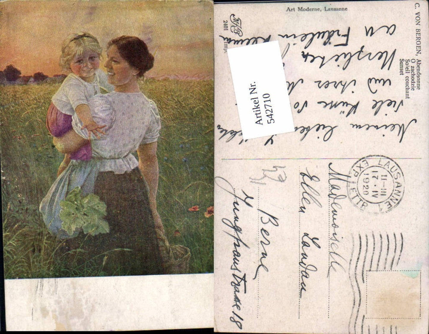 542710,Künstler AK C. Von Bergen Abendsonne Frau Kind