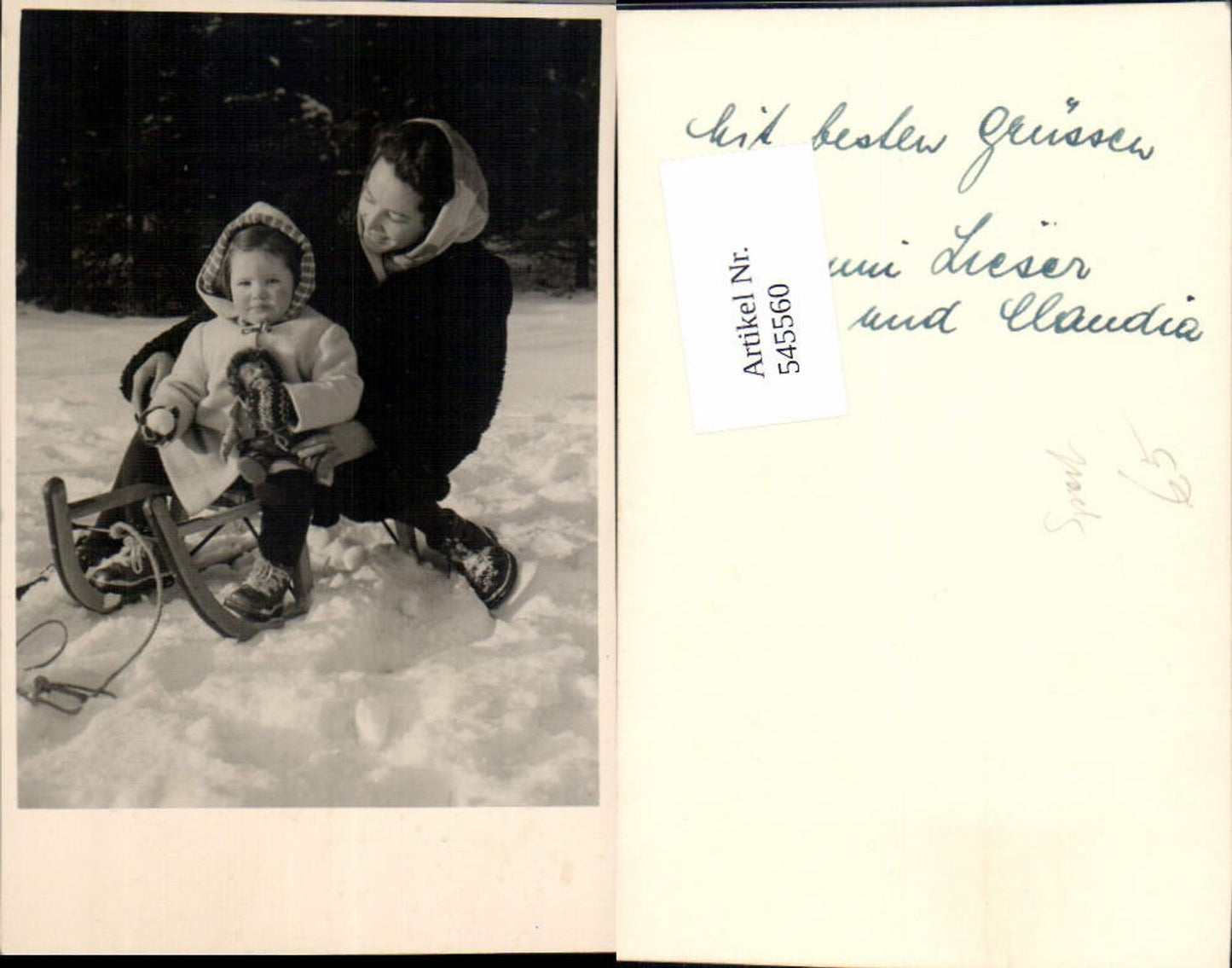 545560,Foto-AK Kinder Mutter Mädchen Puppe Rodel Schlitten