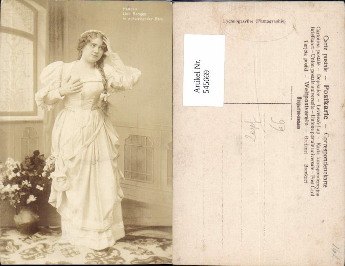 545669,Foto-AK Frau Frauen Zopf Theater Spruch Lychnogravüre