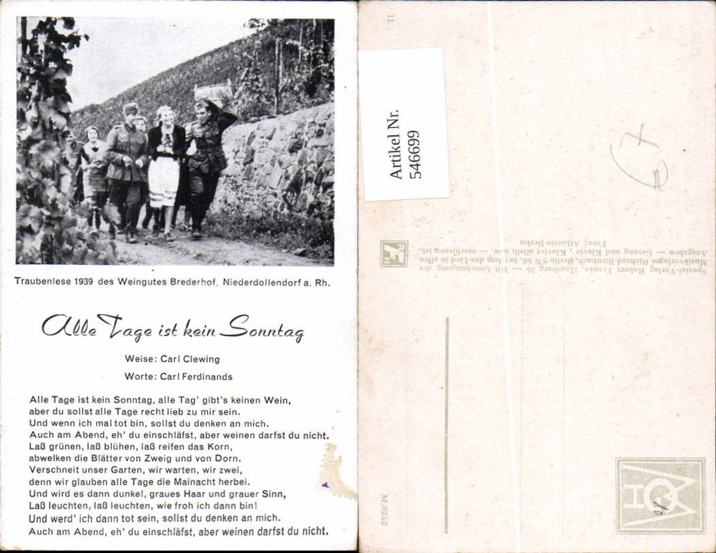 546699,Liedkarte Alle Tage ist kein Sonntag Traubenlese Wein Niederdollendorf Brederhof