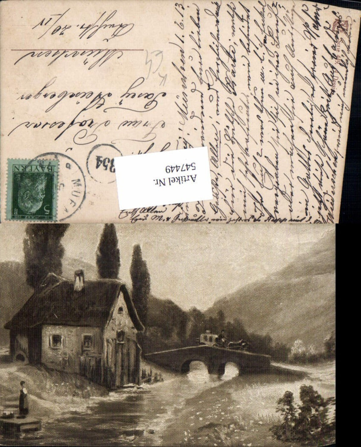 547449,Künstler AK Haus Postkutsche Kutsche Post Brücke