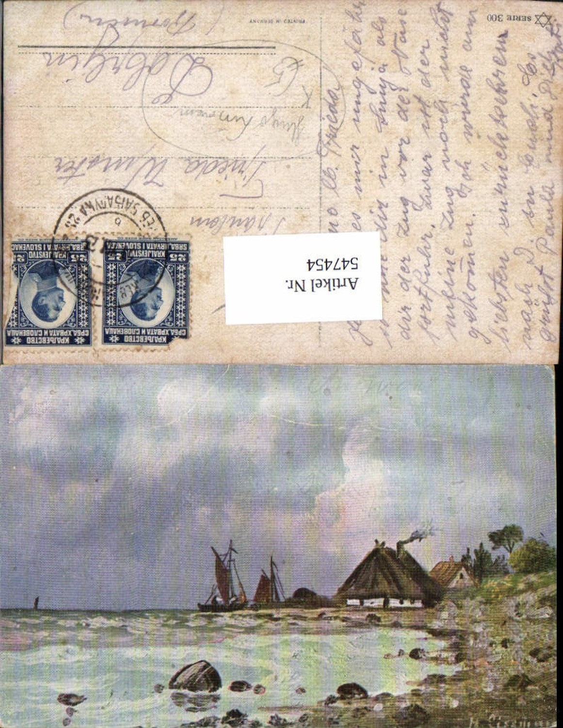 547454,Künstler AK Hugo Lissmann Meer Strand Fischer Boote Hütte