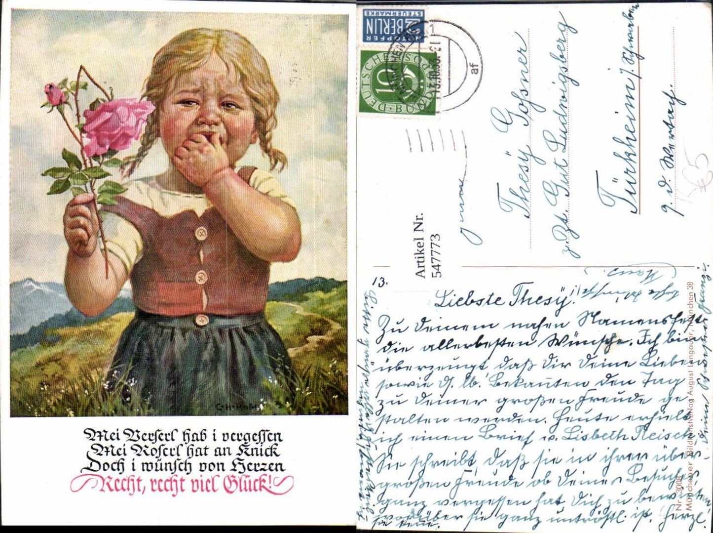 547773,Künstler AK C. H. Roth Mädchen Kind Rose weinen weint