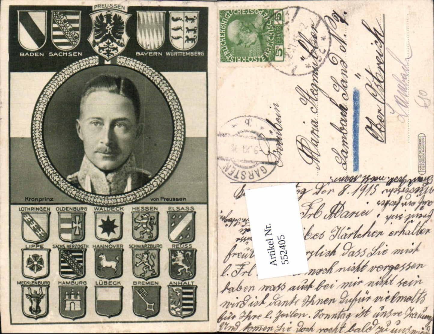 552405,tolle AK Kronprinz von Preussen Friedrich Wilhelm Victor August Ernst Patriotik Wappen