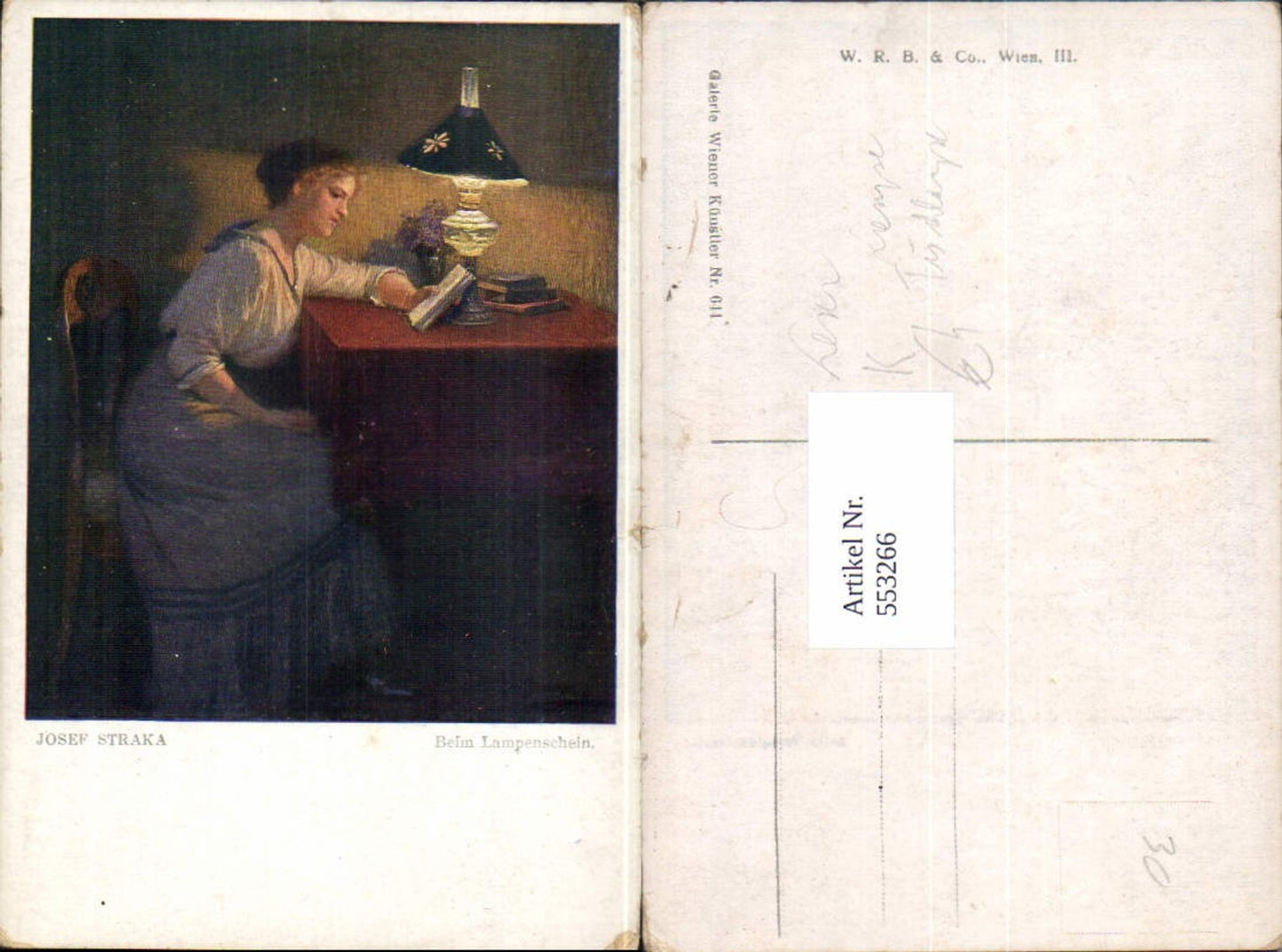 553266,Künstler AK Josef Straka Lesen liest Lampe Tischlampe Buch