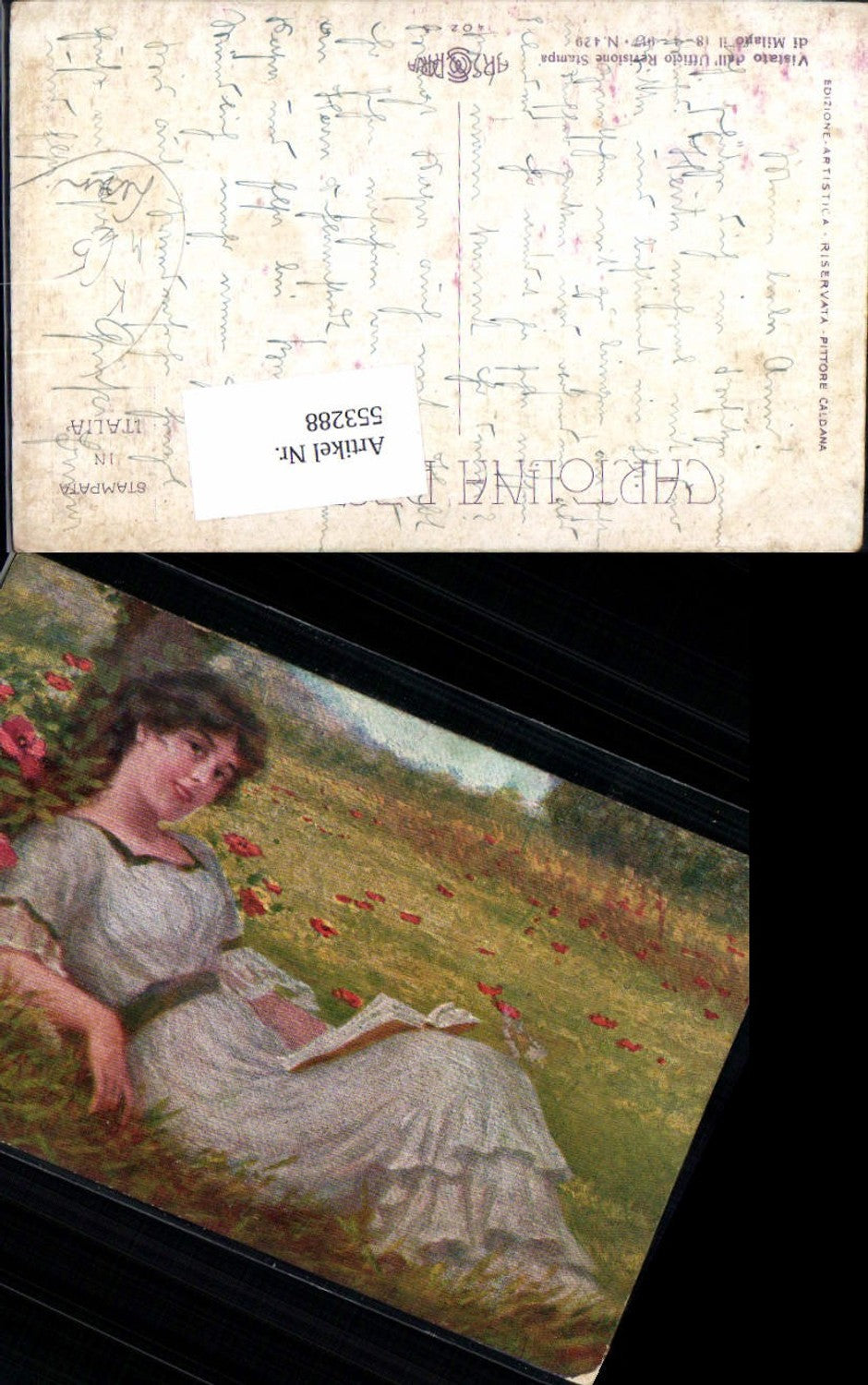 553288,Künstler AK Mohn Mohnblume Klatschmohn Lesen liest Frau Buch
