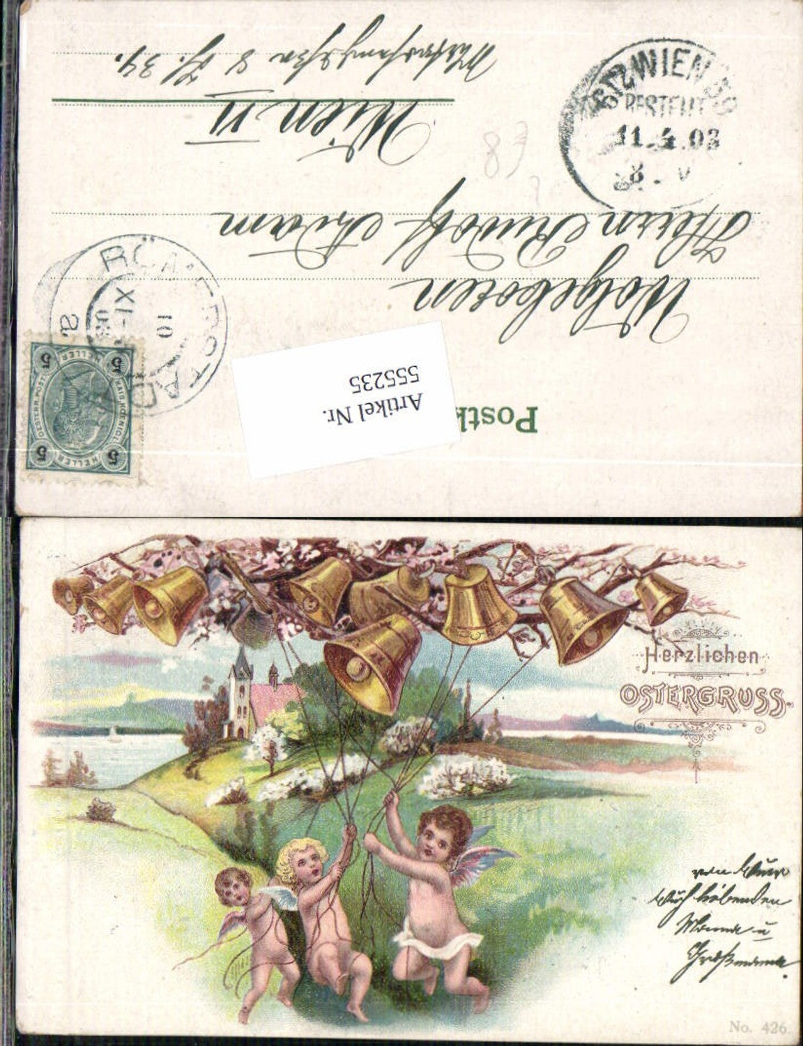 555235, great lithograph Easter greeting angel bells Easter Stp. Roman city