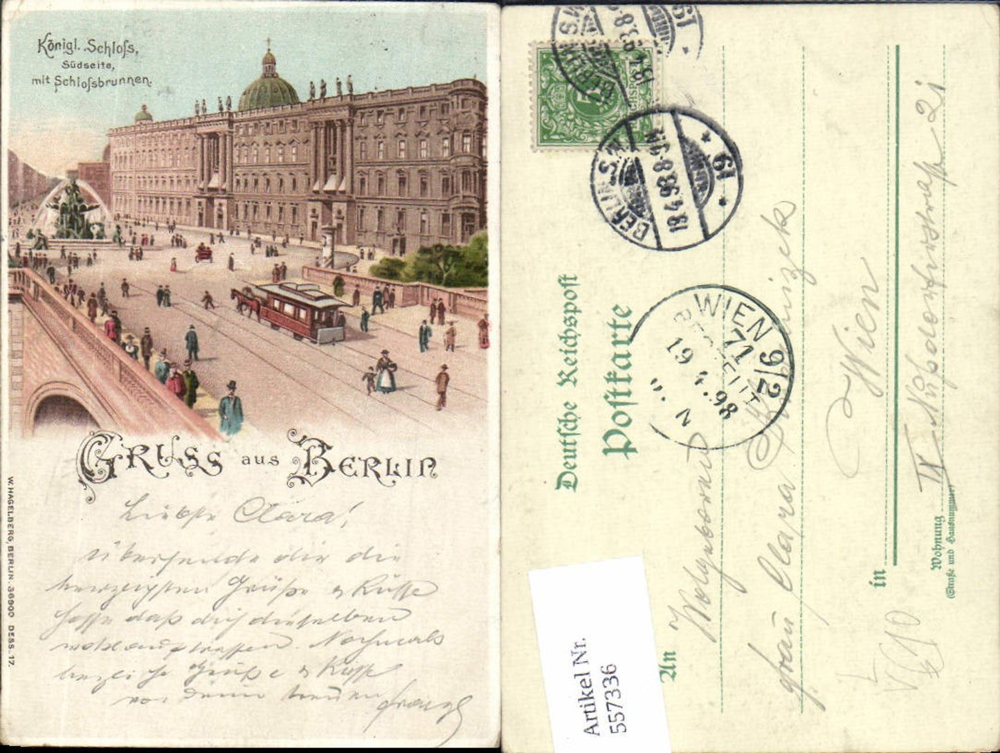 557336,tolle Lithographie Gruß aus Berlin Schloss Schlossbrunnen Tram Pferdetram pub W. Hagelsberg 36900