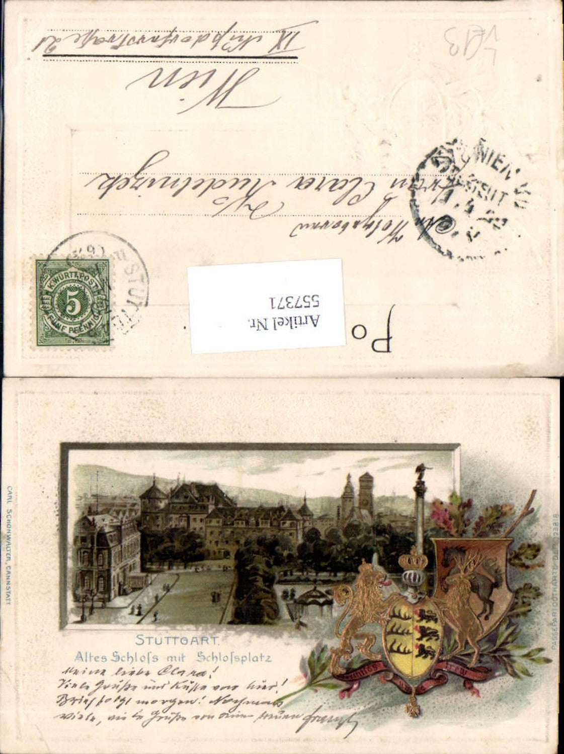 557371,tolle Präge Passepartout Lithographie Stuttgart Altes Schloß Schloßplatz Passepartoutkarte