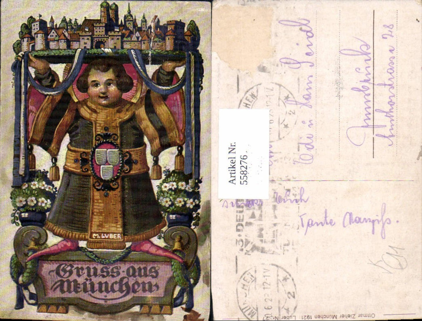 558276,tolle Künstler AK M. Luber Gruß aus München Bier Münchner Kindl