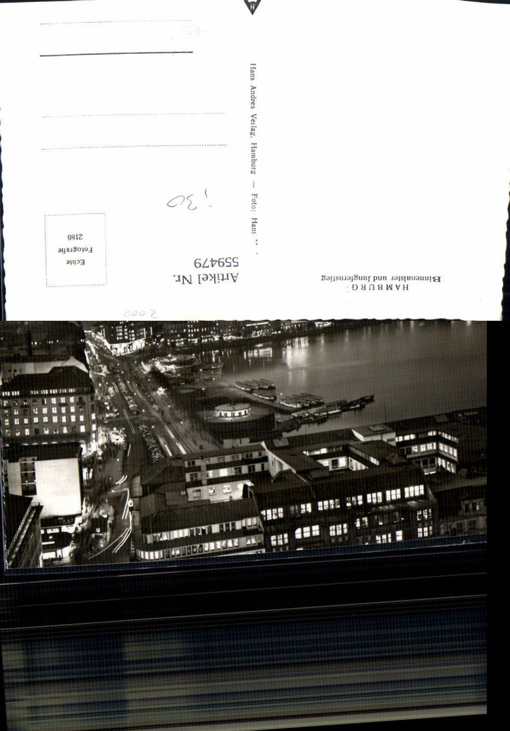 559479, Photo postcard Hamburg Inner Alster and Jungfernstieg at night