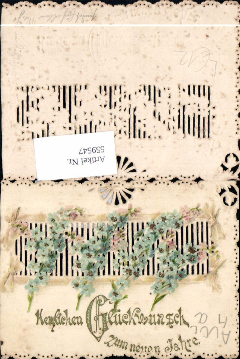 559547,Schöne Litho geprägt gestanzt Neujahr Vergissmeinnicht Blumen Glitzerverzierung