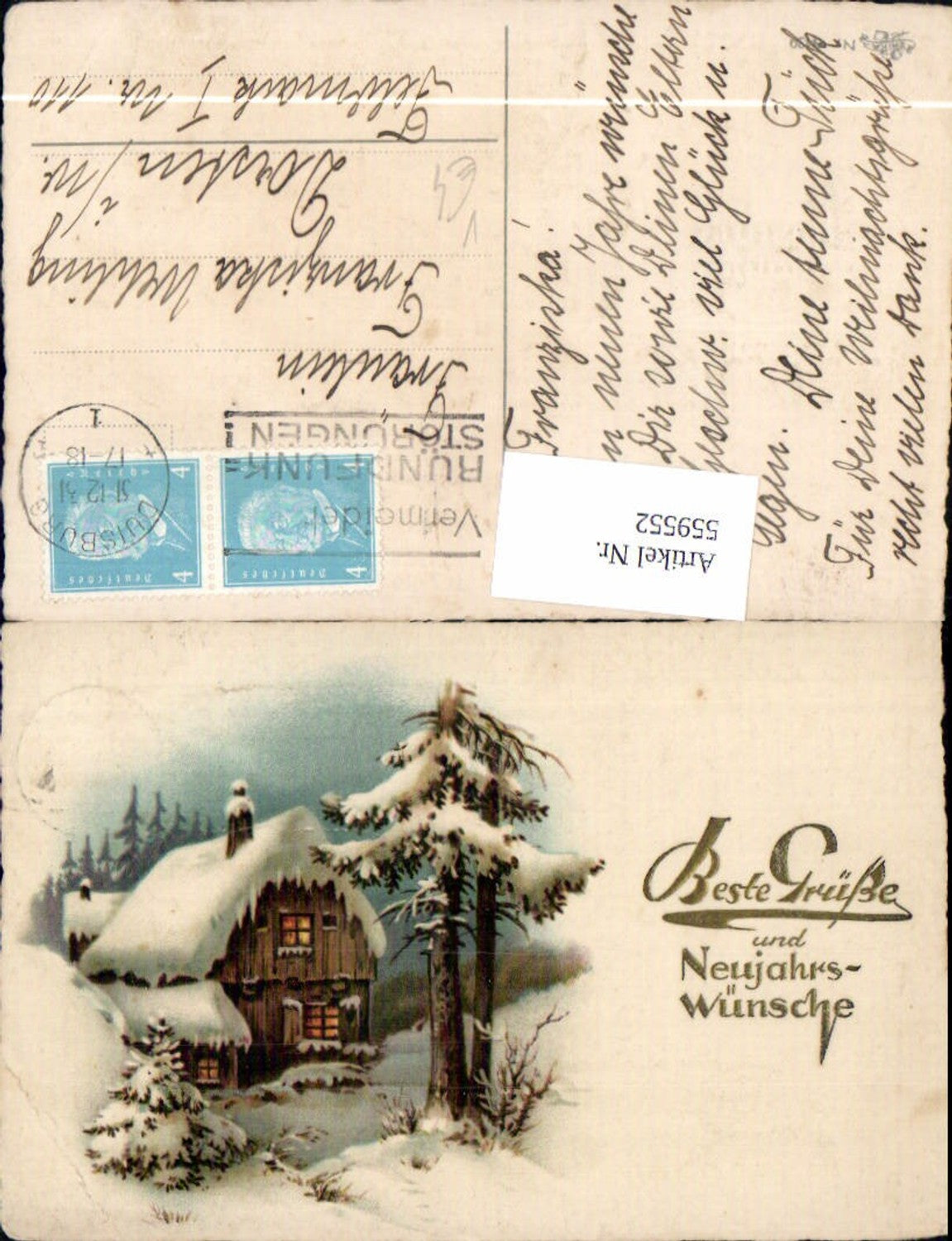 559552,Künstler Ak Neujahr Haus Winterlandschaft Goldschrift geprägt pub Erika 1439