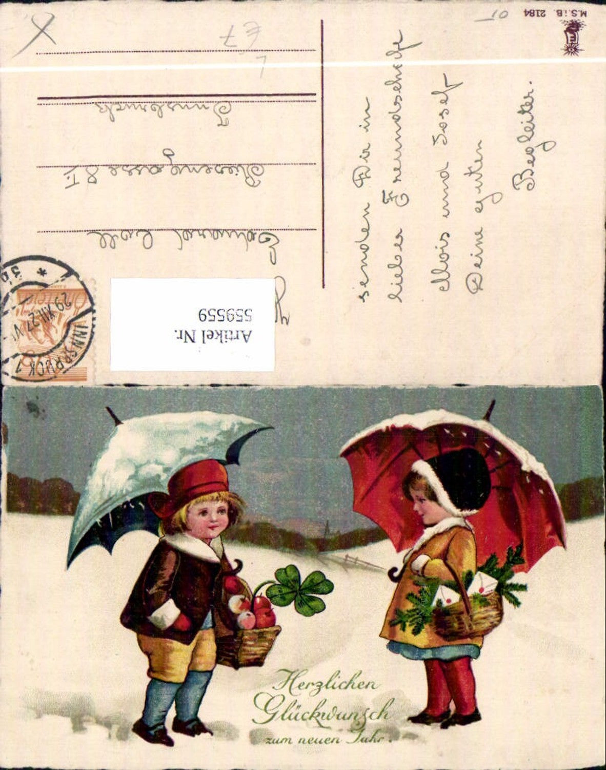 559559,Künstler Ak Neujahr Kinder m. Schirm Korb Briefe Äpfel Kleeblatt Klee Winterlandschaft