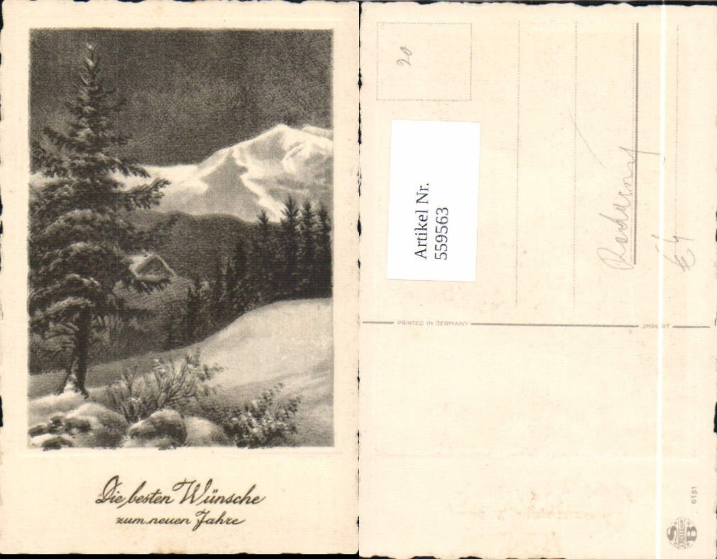 559563,Radierung Neujahr Winterlandschaft Präge Passepartout
