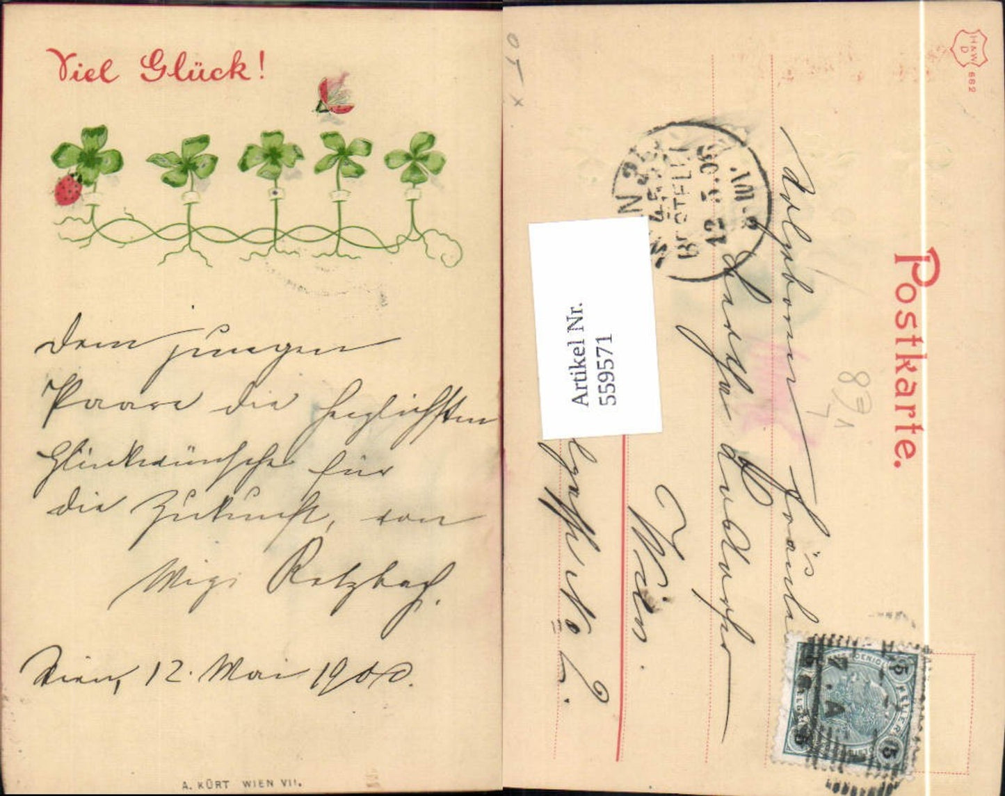 559571,Litho Neujahr Klee Kleeblätter Marienkäfer pub A. Kürt Wien