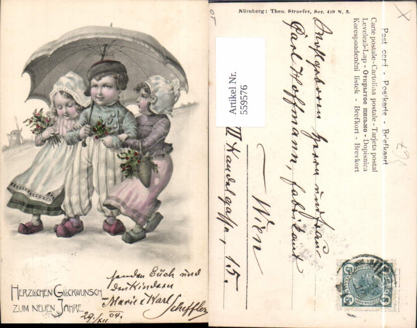 559576,Künstler Ak Neujahr Kinder Holzschuhe Schirm Misteln Windmühle pub Theo Stroefer 419/3