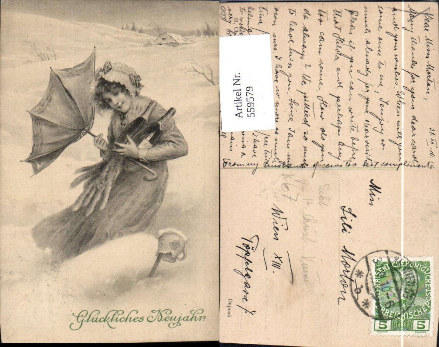 559579,Künstler Ak Neujahr Frau Schirm Sekt Sektflaschen Winter Sturm pub H. Christ Vienne 131