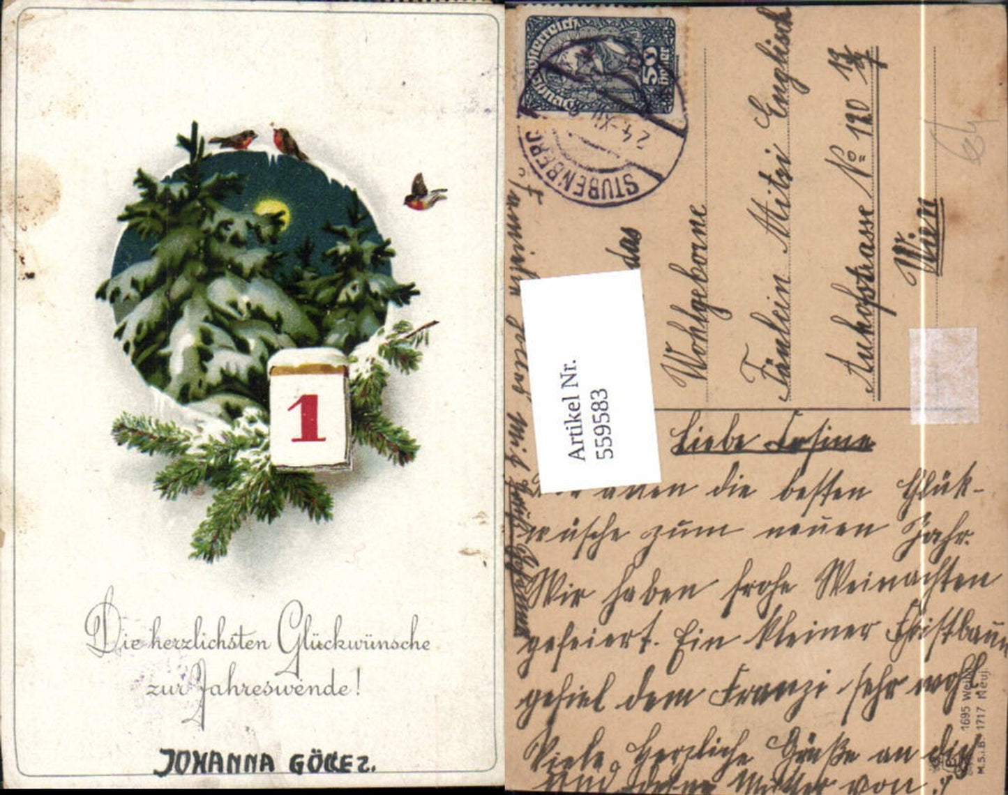 559583,Neujahr Kalenderblatt 1 Tannenzweig Baum Schnee Vögel