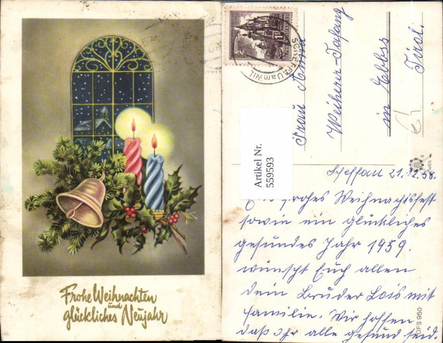 559593,Neujahr Brennende Kerzen Glocke Zweig Tanne Stechpalme v. Fenster Nacht Kirche