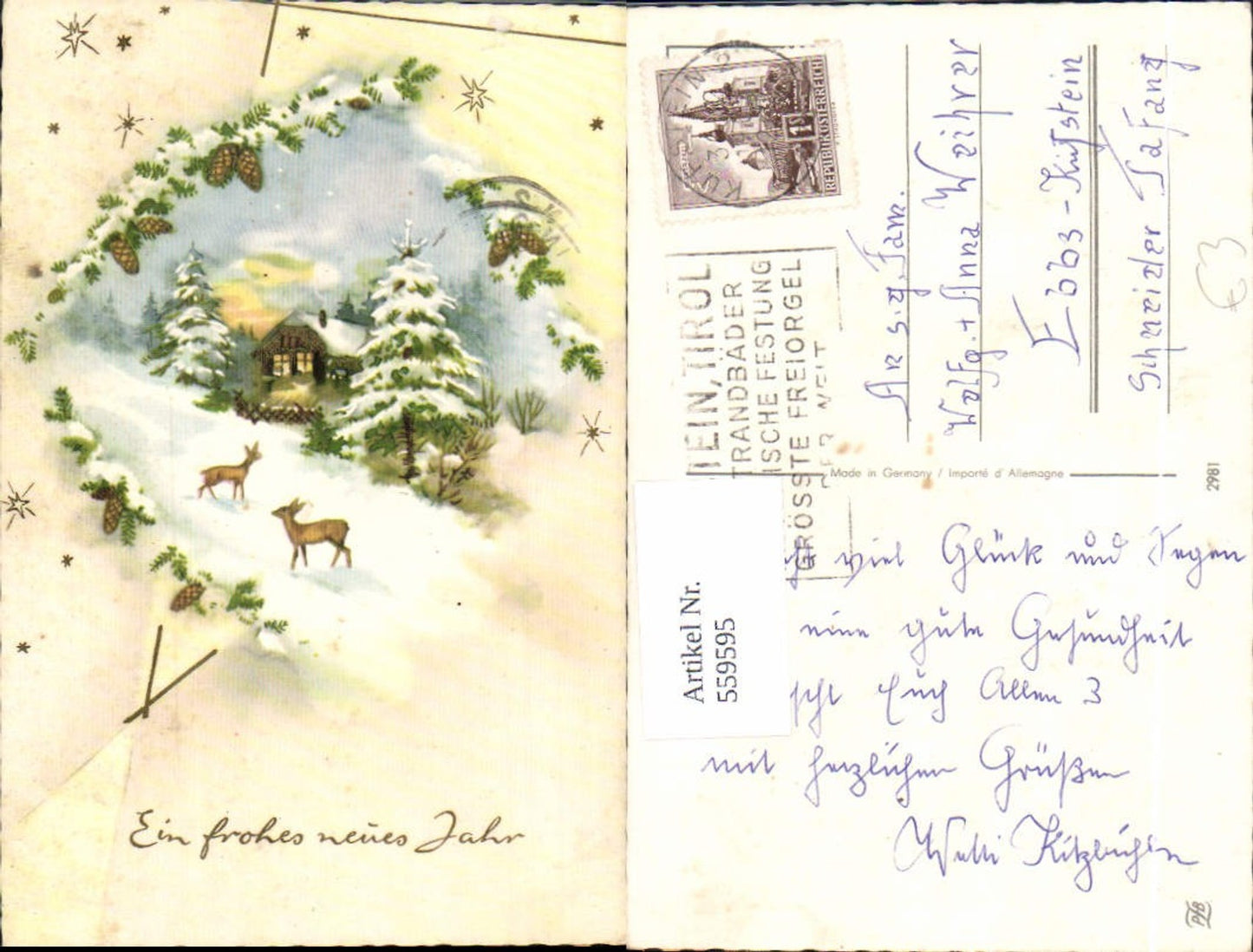 559595,Neujahr Haus Winterwald Rehe Wild Goldverzierung