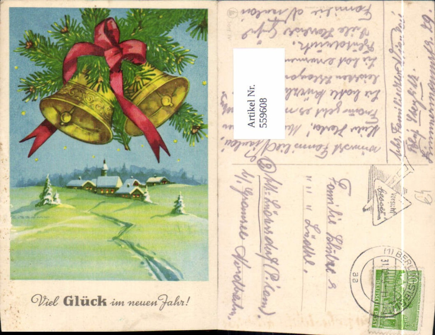 559608,Neujahr Glocken m. Roter Schleife Tannenzweig Winterdorf