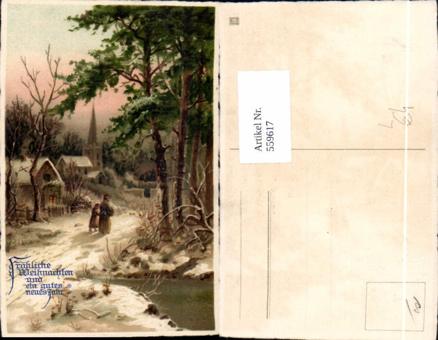 559617,Litho Neujahr Frau Kind Winterdorf