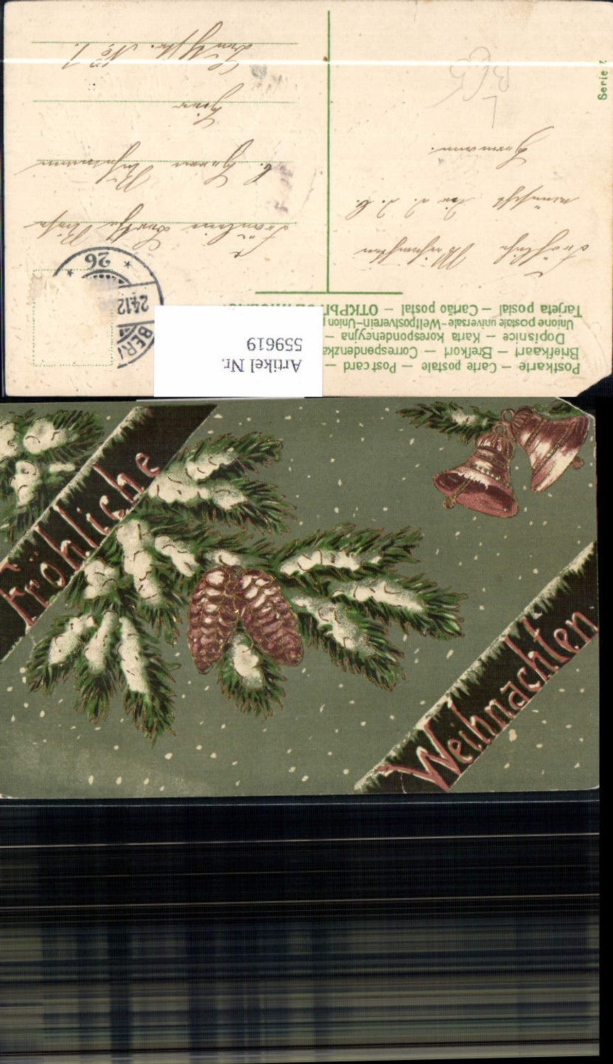 559619,Präge Litho Weihnachten Tannenzweig Zapfen Glocken Schnee Goldverzierung