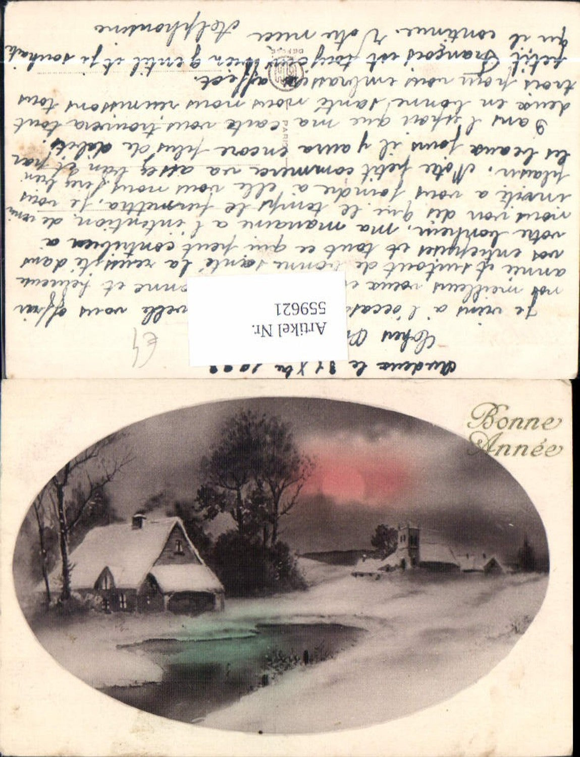 559621,Neujahr Haus Winterlandschaft b. Mondschein Passepartout Bonne Annee