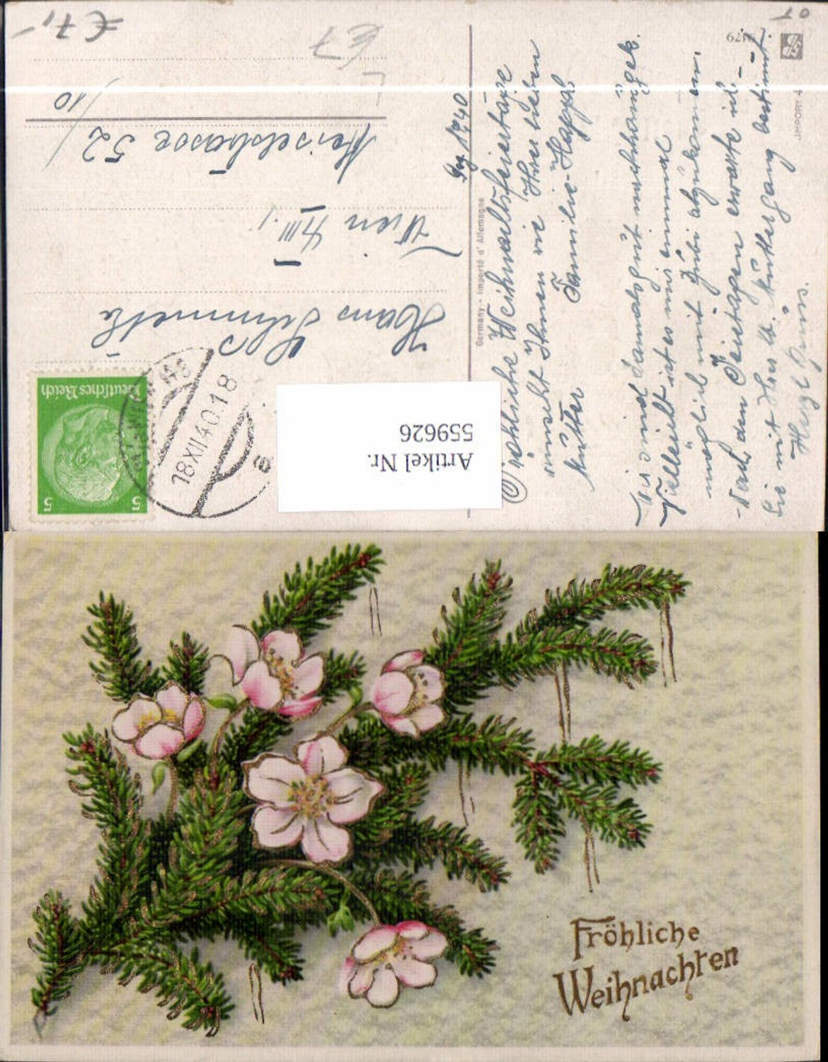 559626,Litho Weihnachten Tannenzweig Blumen Goldverzierung
