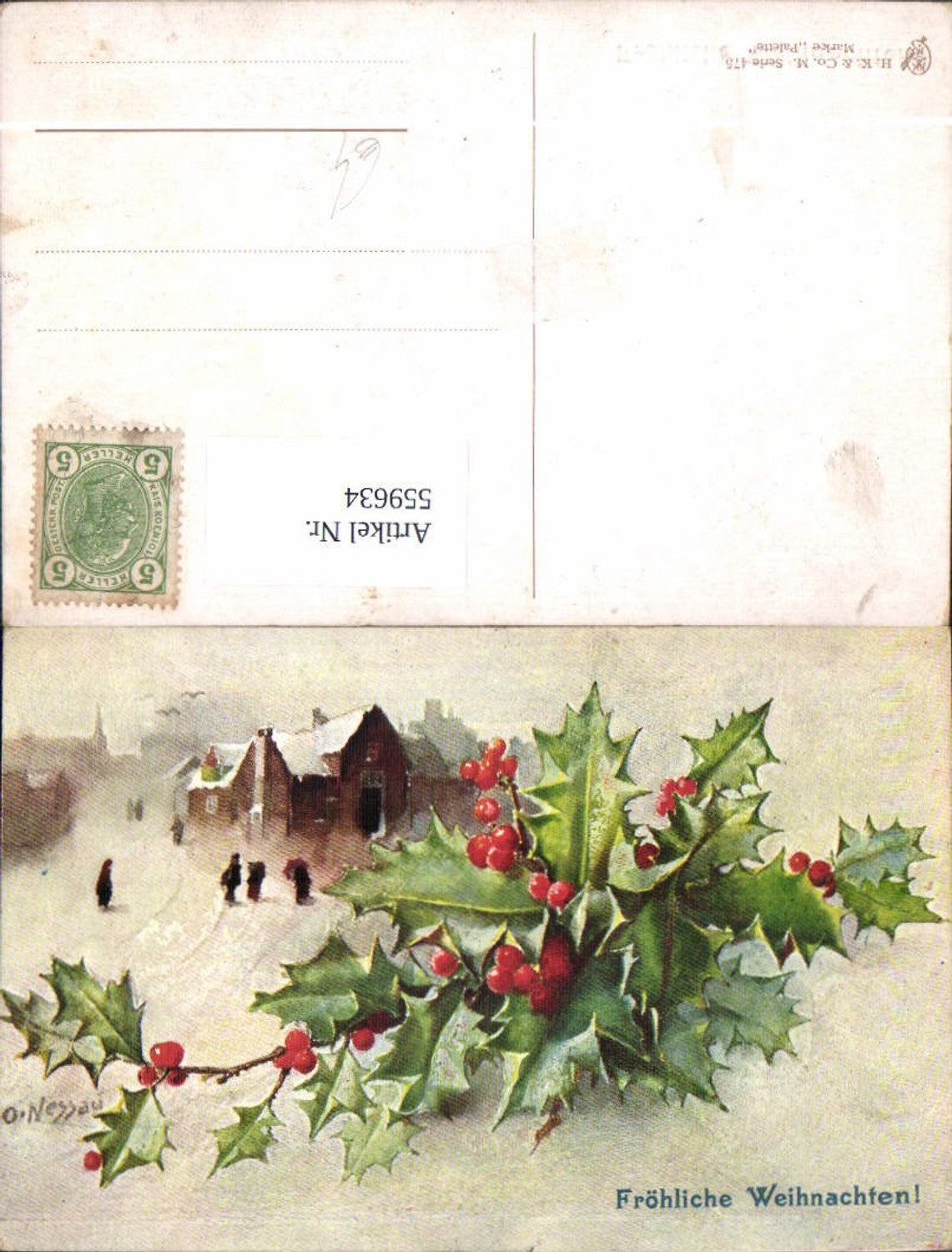 559634,Künstler Ak O. Nessau Weihnachten Winterdorf Stechpalme
