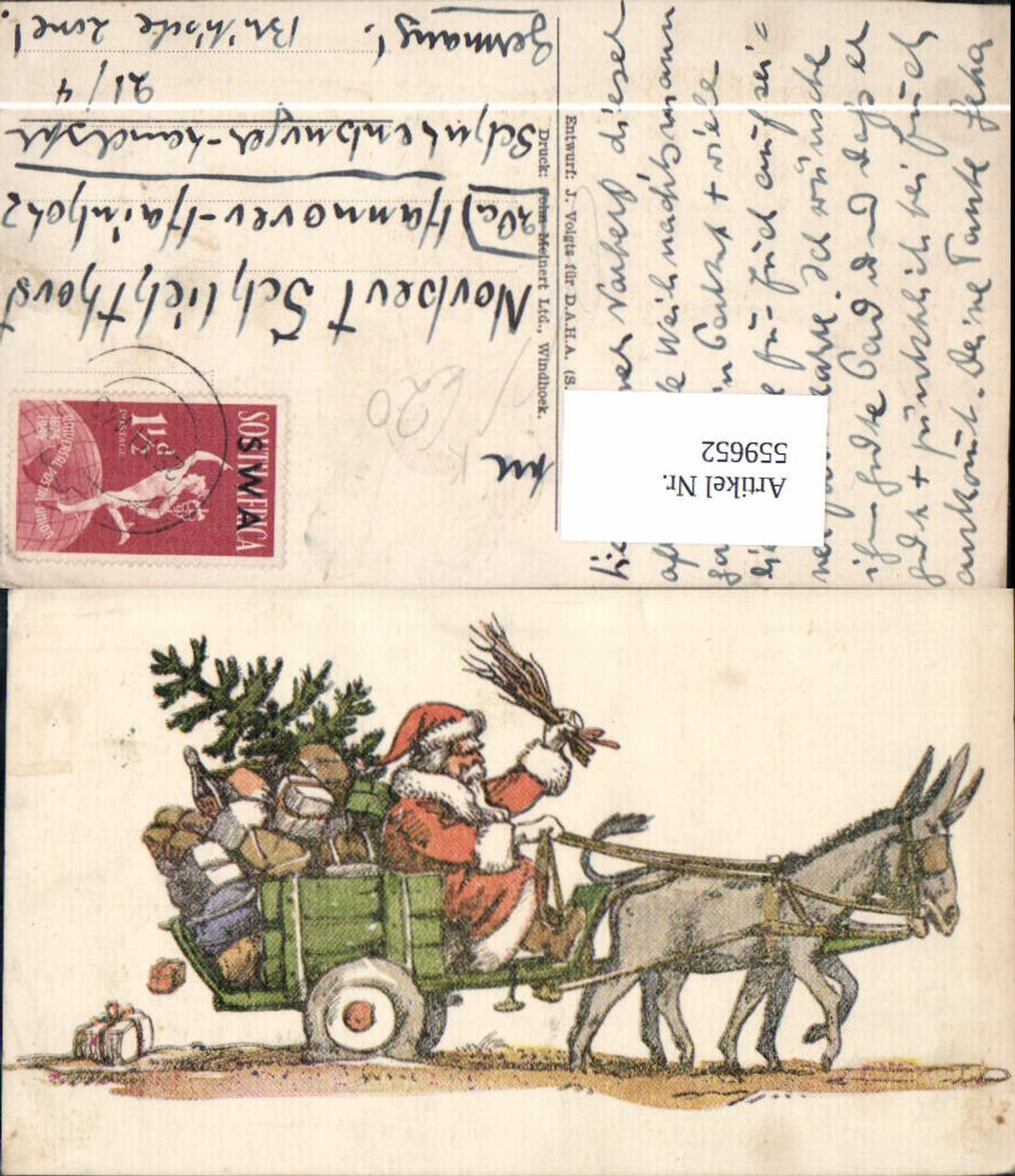 559652,Schöne Künstler Ak Weihnachten Weihnachtsmann Schlitten Esel Geschenke Rute