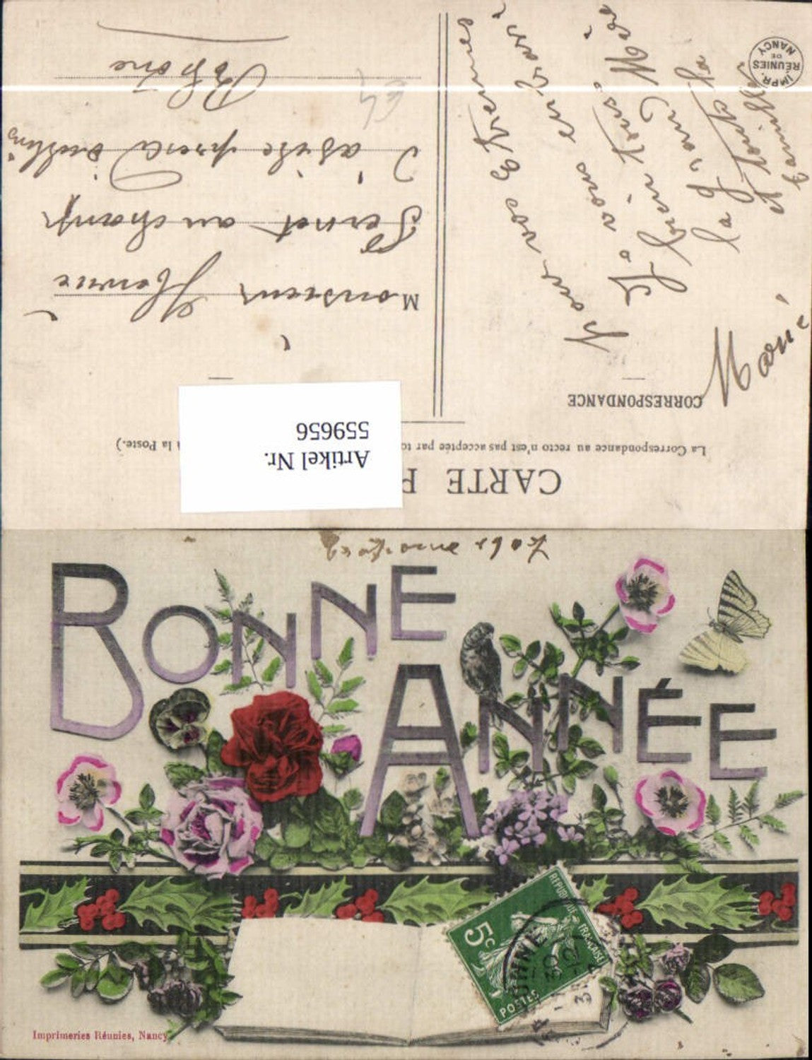 559656,Neujahr Aufgeschlagenes Buch Bonne Annee Blumen Schmetterling Vogel